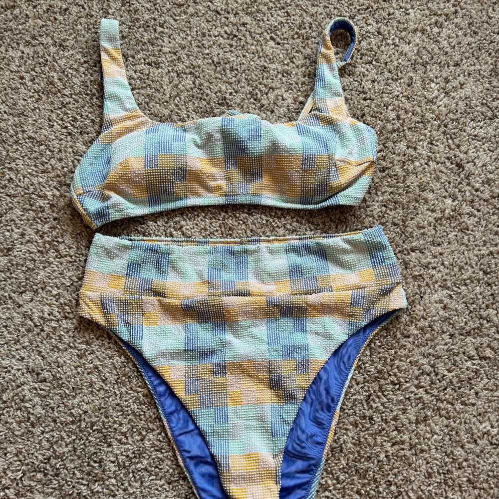 Aerie Patchwork Bikini Set Blue and Orange